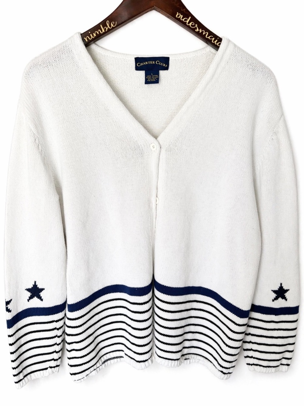 Charter Club White V-Neck Striped Star 100% Cotton Cardigan